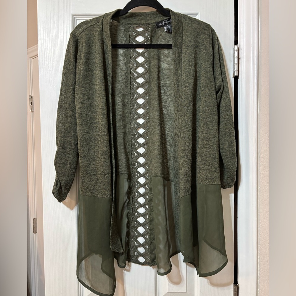 August Silk Olive Green 3/4 Sleeve Coverup with Diamond Lace and Sheer Hem Sz M